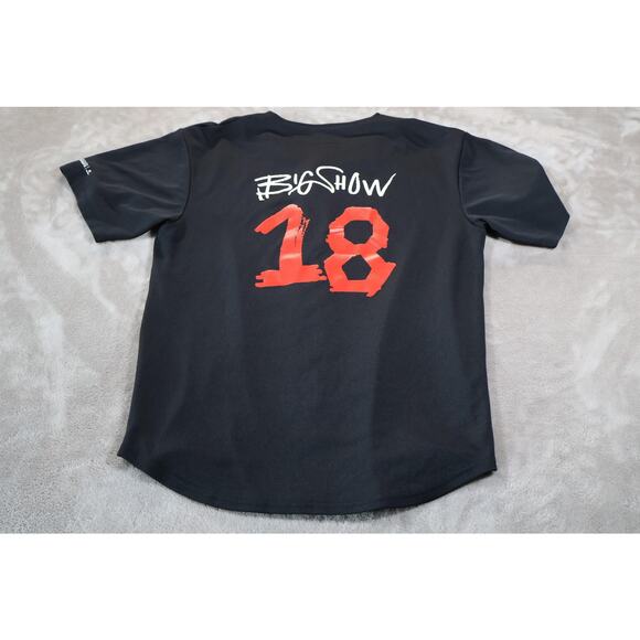 Sport-Tek Baseball Jersey Shirt Mens Medium Black Big Show 18 Button Logo Front - Picture 2 of 7